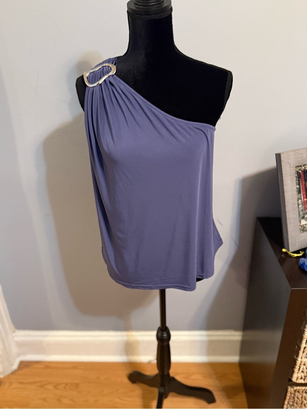 Dolan One-Shoulder Top in Slate Blue with Silver Ring Detail